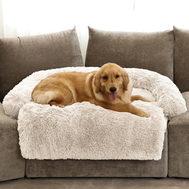 Calming Dog Bed Fluffy Plush Dog Mat for Furniture Protector with Removable Washable Cover for Large Medium Small Dogs and Cats (Extra Large (53x39.3x6), Beige)