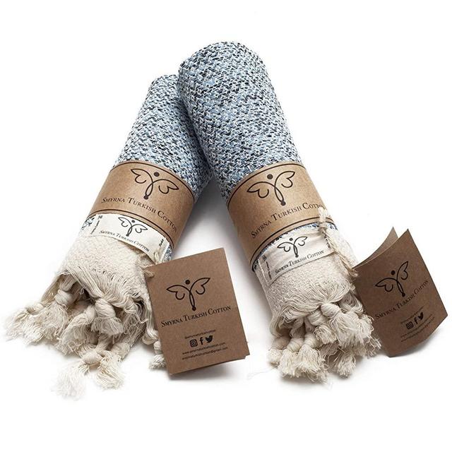 Smyrna Original Turkish Hand Towels Set of 2 | 100% Cotton, 16 x 40 Inches | Decorative Bathroom Peshtemal Towel for Hand, Face, Hair, Gym, Yoga, Tea, Dishcloth, Kitchen and Bath (Light Blue)