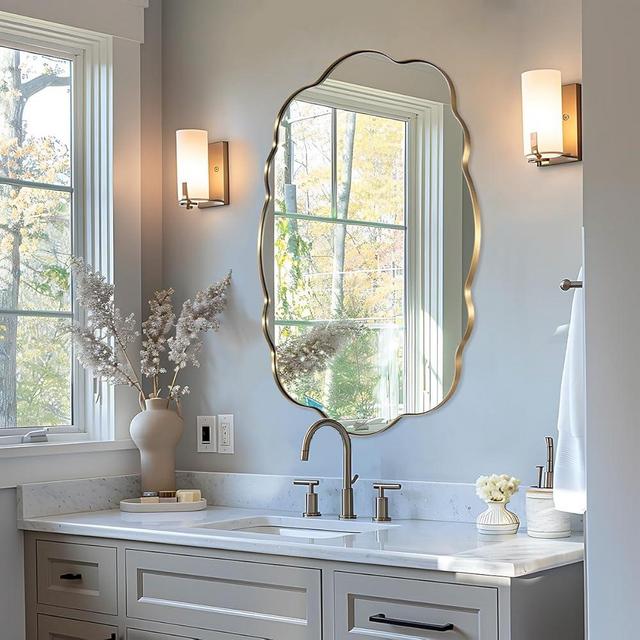 ANDY STAR Brushed Gold Oval Bathroom Mirror, 24x36 Inch Wavy Scalloped Wall Mirror, Anti-Rust Brass Metal Mirror for Bathroom Hang Vertical or Horizontal