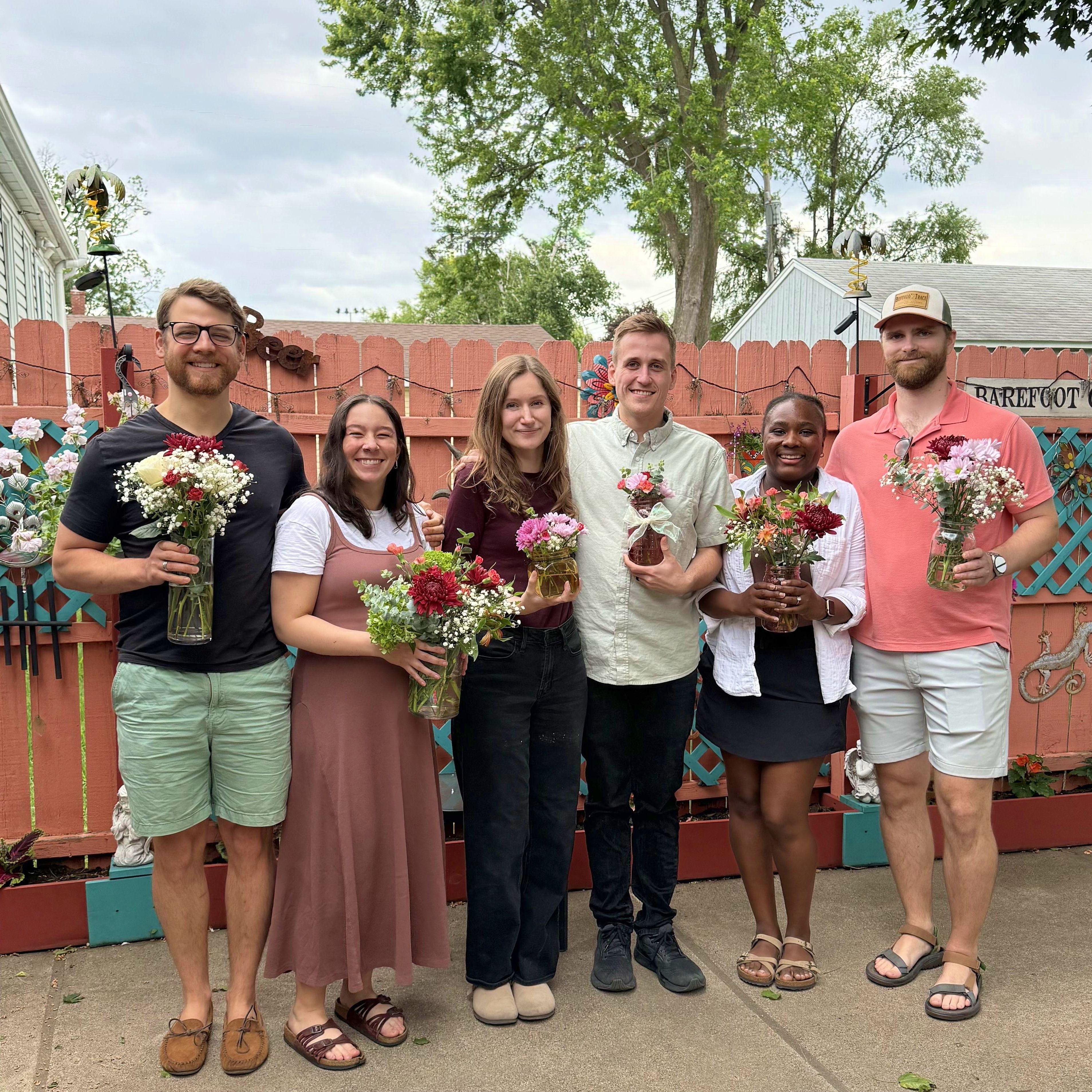 Flower arranging with close friends to prepare for the wedding