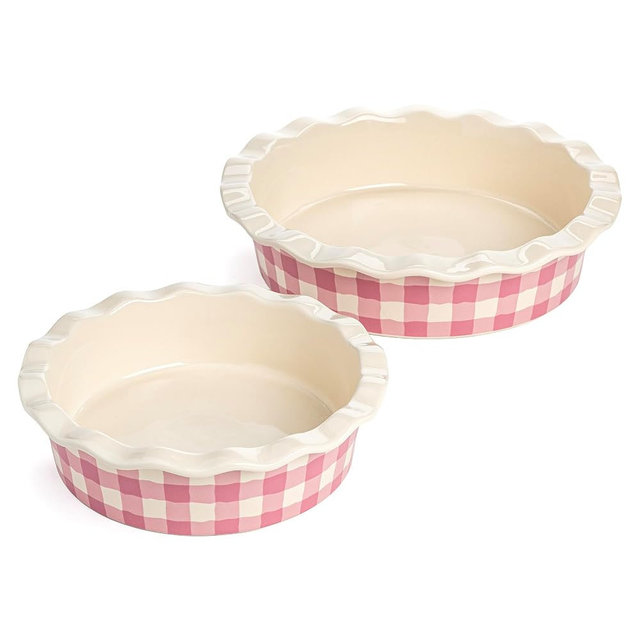 Paris Hilton Ceramic Pie Dish Set, 7-Inch and 9-Inch Stoneware Baking Dishes with Fluted Rim and Gingham Design, Oven Safe up to 450°F, 2-Piece, Pink