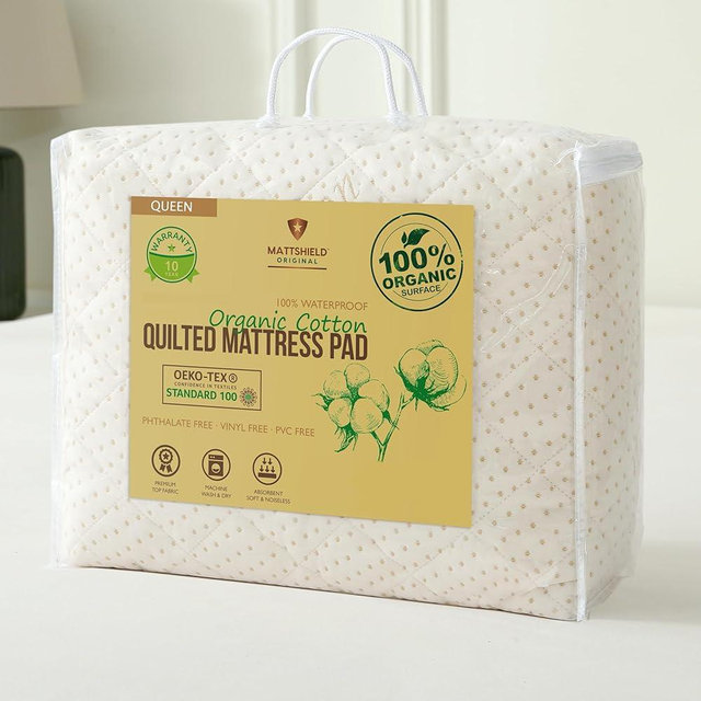Luxury Quilted Organic Cotton Mattress Protector Queen - 380 GSM Waterproof & Breathable Pad - Deep Pocket Fitted Cover - Soft & Silent Protection