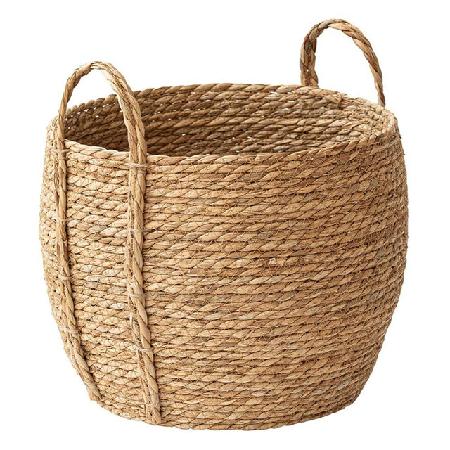 Rattan Grass Woven Flower Basket, Decorative Round Wicker Woven Rope Storage Blanket Basket with Woven Handles,Planter Pot for Living Room,Floor Standing Storage,Balcony Garden Decoration