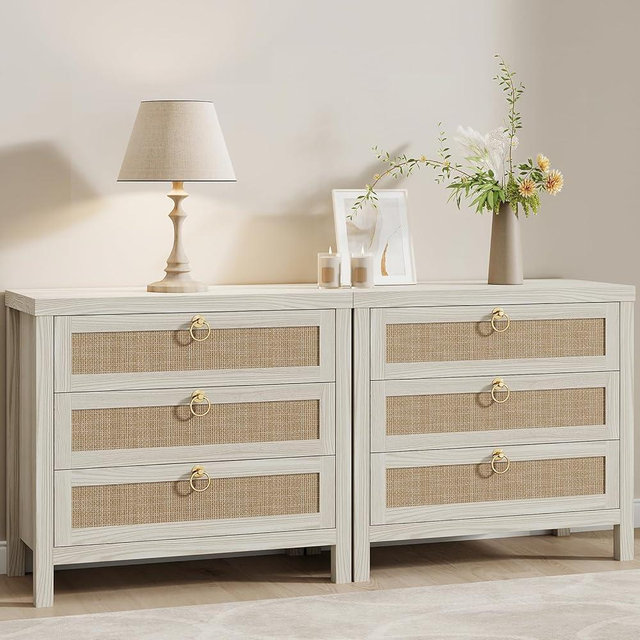 Eclatara Large Rattan Night Stand Set of 2: Boho Nightstand with 3 Drawers, White Storage Bedside Table End Table Side Table for Bedroom(Cream White Oak,2 Pieces)