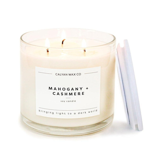 Calyan Wax Co. 3 Wick Candle, Mahogany & Cashmere Scented Candle, 43 Hour Burn Time, 3 Wick Soy Candles, Non Toxic & Vegan Soy Wax, Glass Jar Scented Candles, 14.9oz