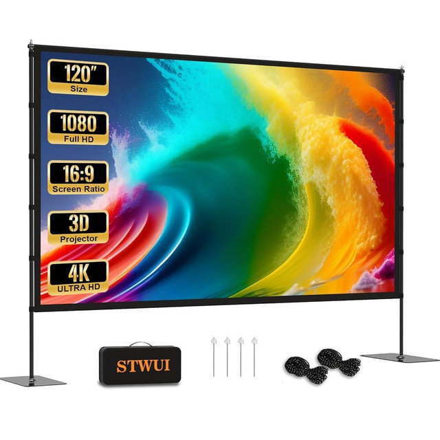 STWUI Outdoor Projector Screen with Stand - 120 Inch Portable Projector Screen Indoor and Outdoor Projector Screens 16:9 4K HD Wrinkle Free Lightweight Movie Screen with Carry Bag,Enioy Movie Nights