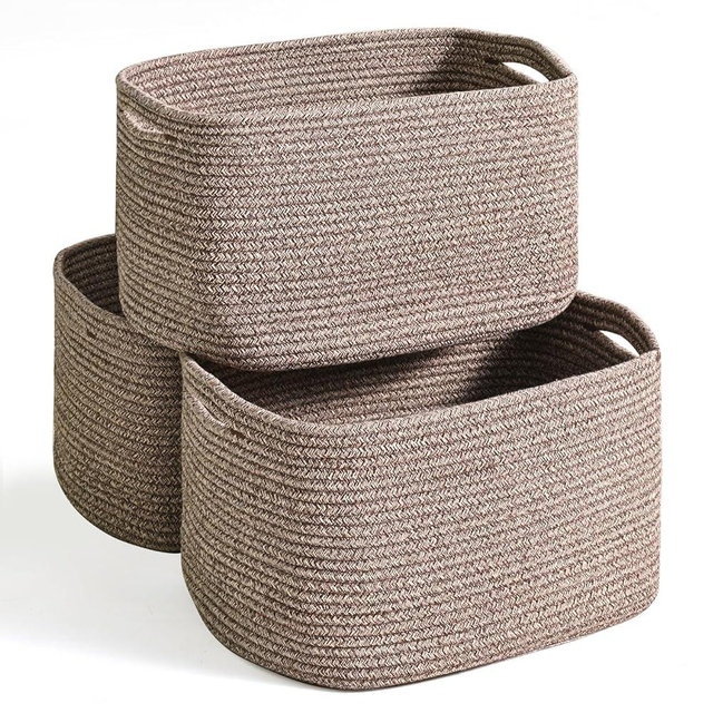 Dcerzxzci Storage Baskets for Organizing Shelves, Woven Cotton Rope Bins for Organization, Dog Toy Organizer for Shelf Living Room Bedroom, 14.8"×11"×9.5", Pack of 3, Dark Brown