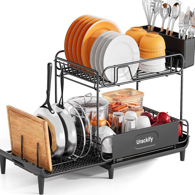 Urackify Dish Drying Rack for Kitchen Counter, Expandable 2 Tier Dish Rack, Large Capacity Dish Drainer with Drainboard Multifunctional Dish Strainer with Removable Cutlery Holder Black
