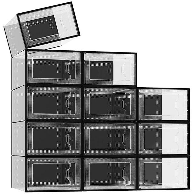 12 Pack Shoe Boxes Clear Plastic Stackable, Shoe Storage Boxes, Shoe Organizer for Closet, Space-Saving Shoe Containers Bins (Black)