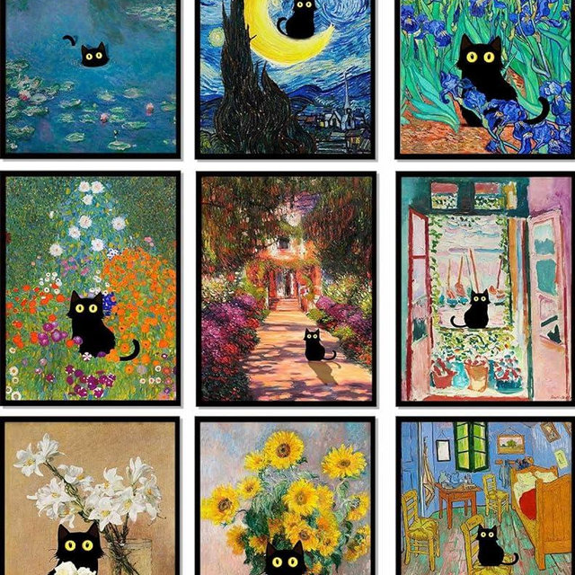 9Pcs Funny Black Cat Wall Art Cats in Famous Paintings Posters Prints Matisse Monet Van Gogh Vintage Gallery Wall Decor Pictures Eclectic Cute Preppy Aesthetic Room Decor,Unframed