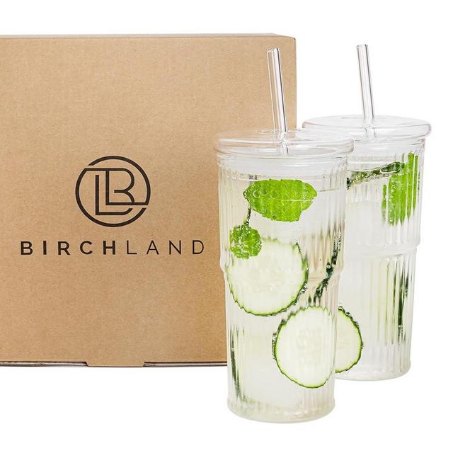All Glass Iced Coffee Cup with Lid and Straw, Ribbed Glass Tumbler Set of 2 (22 oz ribbed)