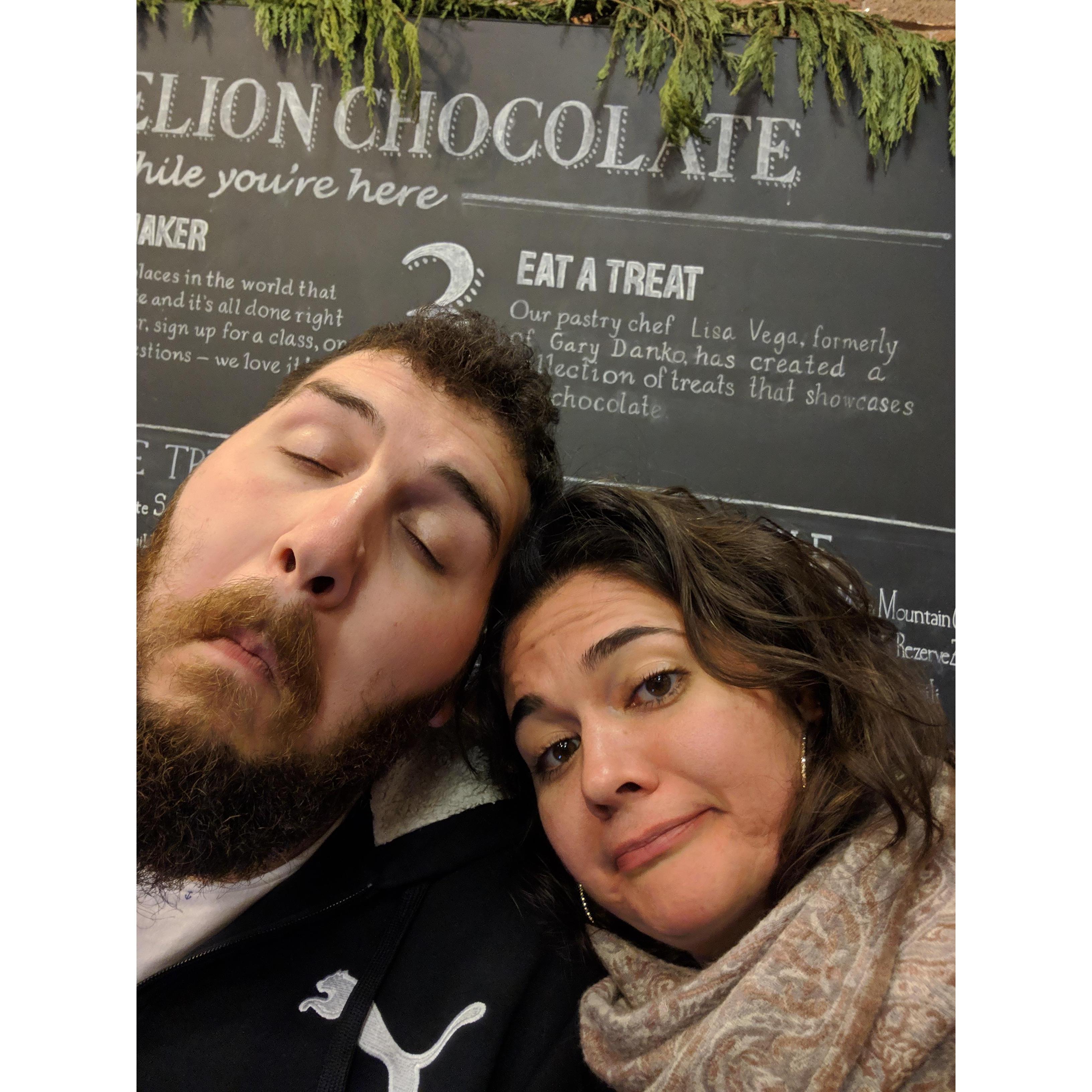 One of our date nights, intoxicated with delicious bittersweet Dandelion chocolate.