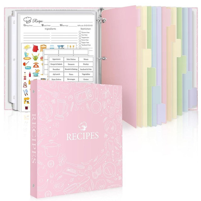 Recipe Binder 8.5x11 3 Ring, Recipe Book to Write in Your own Recipes, Recipe Binder with 60 Plastic Sleeves, 12 Dividers, 60 Blank Recipe Cards, Labels & Stickers, Family Recipe Organizer