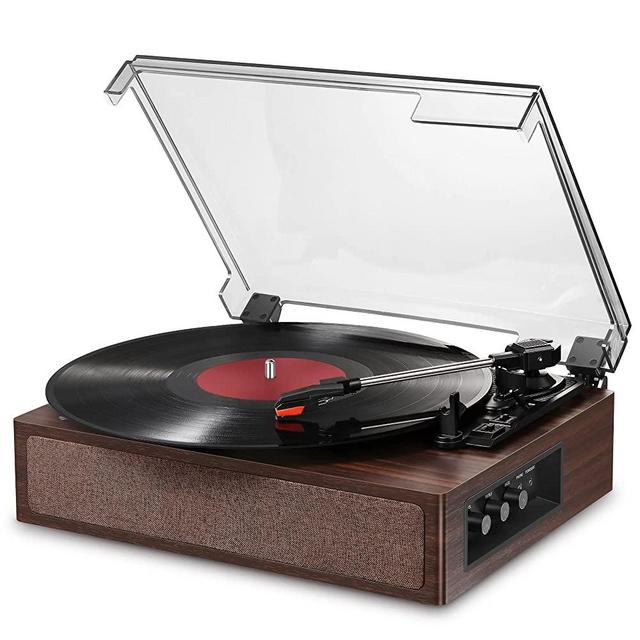 Donner Vinyl Record Player, Bluetooth Turntable for Vinyl Records with Built-in Speakers, 3-Speed, Treble & Bass Control, Belt Drive Vintage LP Phonograph Support Line-Output/Aux Input/Headphone Mode