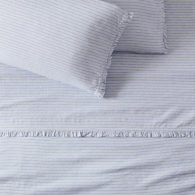 Heather Taylor Home Canyon Stripe Ruffle Euro Linen Sheet Set, King, Blue Multi