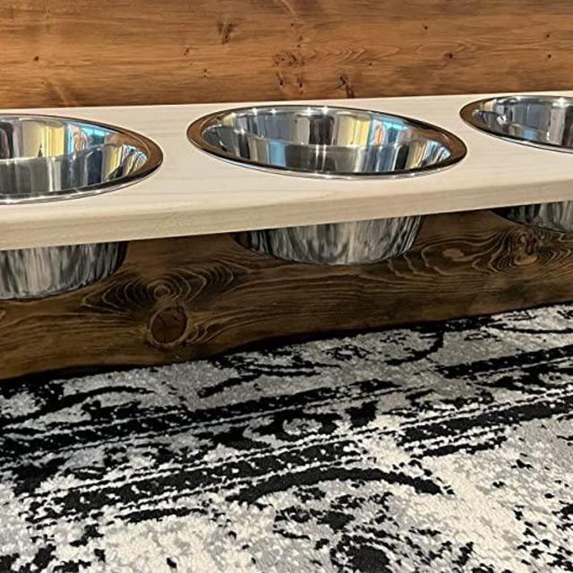 Chic, Floating, Wood, Height-Flexible Wall Mount Dog / Cat / Pet Food & Water Bowl Holder / Feeder with 3 S.S. Dishwasher-Safe Bowls (~ 2 Quart / 64 oz / 1890 ml) for Large Pets. 3-screw installation.