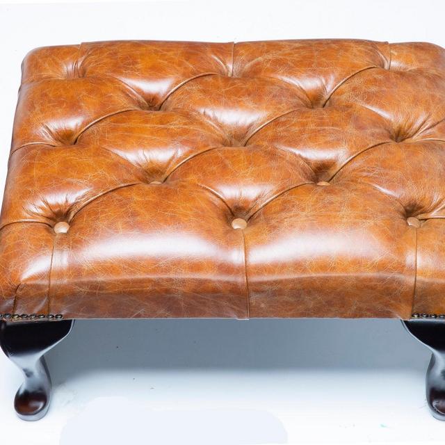 Traditional Chesterfield Queen Anne Footstool 100% Vintage Tan Leather