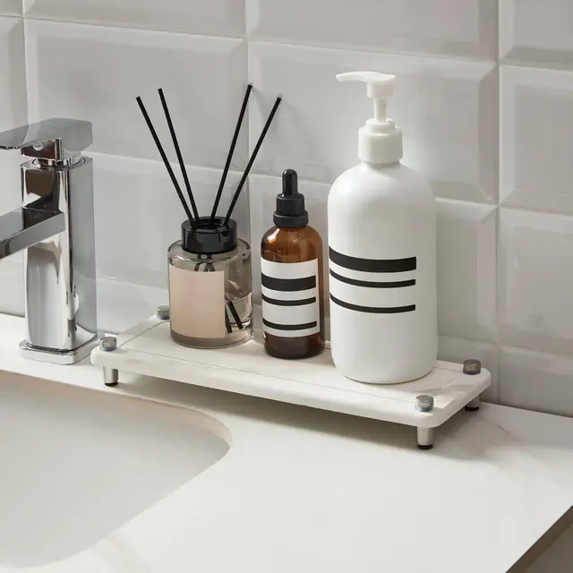 4"x11" Diatomaceous Stone Bath Tray with Carved Metal Feet Marble