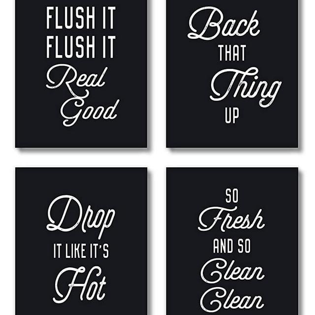 Brooke & Vine Funny Bathroom Decor Wall Art Prints (UNFRAMED 8 x 10 Set of 4) Restroom Powder Room Wash Laundry Room Hip Hop Wall Decor Signs Posters - Flush It, So Fresh (Hip Hop Bathroom - Black)