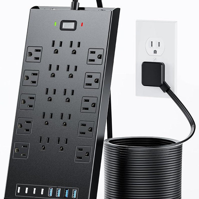 Surge Protector Power Strip 4800J, LeZone 10Ft Long Extension Cord Flat Plug, 20 Outlets 4 USB-A 4 USB-C Ports, Wall Mountable, Home Office Dorm Essentials, Black