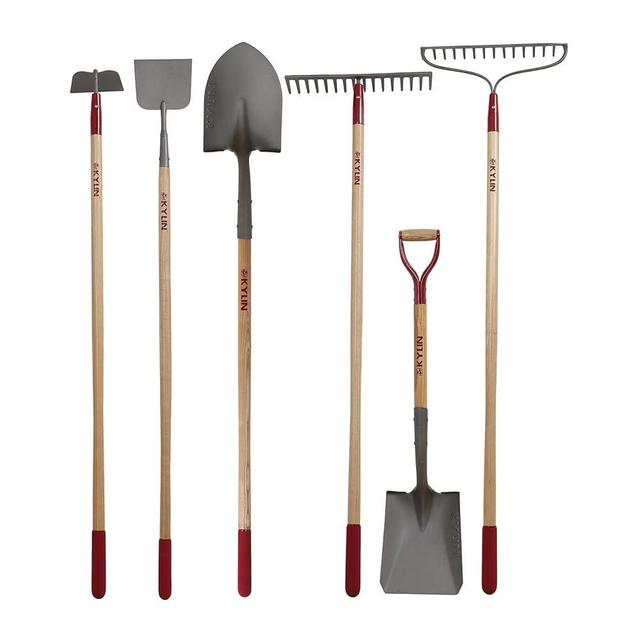KYLIN 6-Piece Pro Long Ash Handle Garden Tools Set for Landscaping Agricture or Backyard,14-Gauge Shovels,Forged Rakes,Forged Weeding Hoe Sidewalk Scraper,