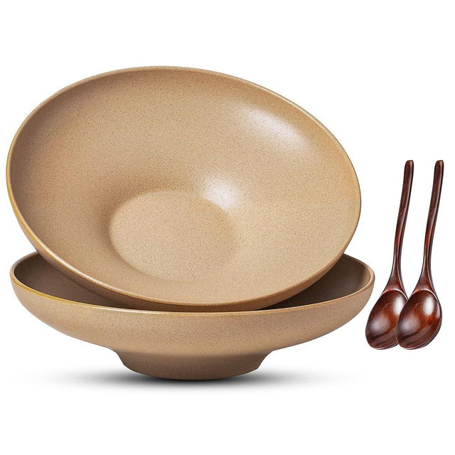 Ceramic Serving Bowls with Wooden Spoons Set of 2, Large Serving Bowl for Dinner Salad Soup Pasta Dessert Fish Fruit Chicken Bread, Oven Dishwasher Safe, 50oz Bowl for Entertaining, 9.75" Khaki
