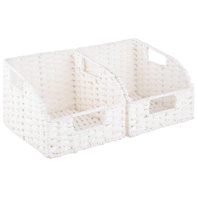 OIAHOMY Pantry Baskets for Organizing, Paper Rope Baskets with Built-in Handles, Wicker Storage Bints for Shelves, 2 Pack-White