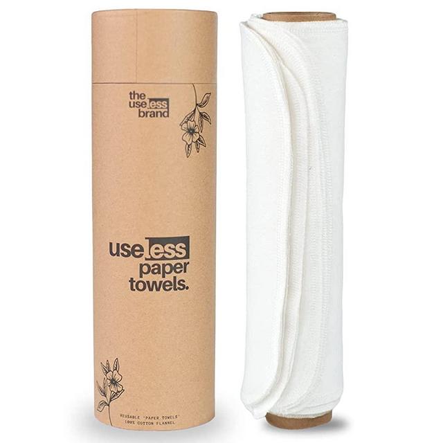 The Useless Brand Reusable Paper Towels Roll | Eco Friendly Washable Cotton Flannel Towels w/ Cardboard Roll | Zero Waste & Sustainable | Fits on All Holders (Unbleached White, 12 Towels)