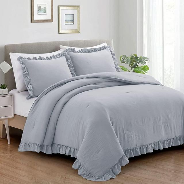 Home Bed Bedding Comforter Set - 3 Pieces Grey King Comforter Set, Farmhouse Bedding Set with Ruffle Bed Comforter & Ruffle Pillows Shams(King Size Grey)