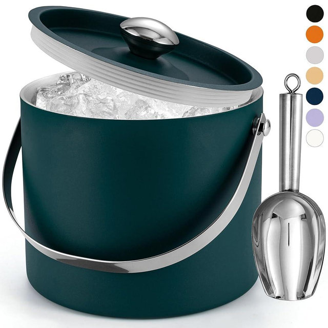 Ice Bucket (3 Liter) Stainless Steel Double Wall Insulated Ice Bucket with Lid & Scoop, Ice Buckets for Parties, Handle, Keeps Ice Cold for Hours, Great for Wine, Champagne, Cocktails (Green)