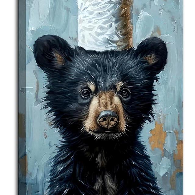 VVL Funny Bathroom Bear Wall Art Black Bear With Paper Canvas Painting Picture Black And White Humor Animal Wall Decor for Kids Restroom Bathroom Home Decoration