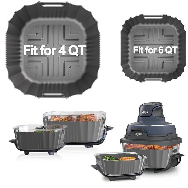 Upgraded Air Fryer Silicone Liners for Ninja Crispi FN101GY/FN101SG/FN101ST,Non-Stick Reusable Ninja Glass Air Fryer Accessories,Big Liner for 4 QT Container & Small Liner for 6 Cup Container, Gray