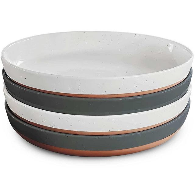 Mora Ceramic Flat Pasta Bowl Set of 4 - 35oz, Microwave Safe Plate with High Edge - Modern Dinnerware for Kitchen and Eating, Large Wide Bowls/Plates for Serving Dinner, Salad, etc- Vanilla & Charcoal