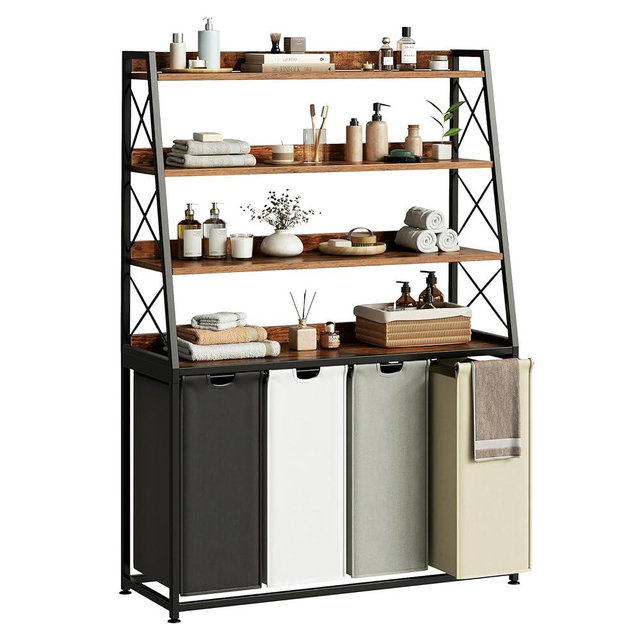 Herture Laundry Basket, 4 Section Laundry Hamper with 4 Tiers Shelf, Pull-Out and Removable Laundry Bags, Large 4 x 15.87 Gallons, for Laundry Room Bathroom Rustic Brown PF12XLN