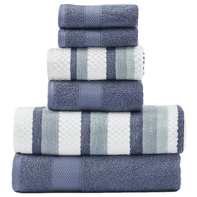 Modern Threads Pax 6-Piece Reversible Yarn Dyed Jacquard Towel Set - Bath Towels, Hand Towels, & Washcloths - Super Absorbent & Quick Dry - 100% Combed Cotton, Denim