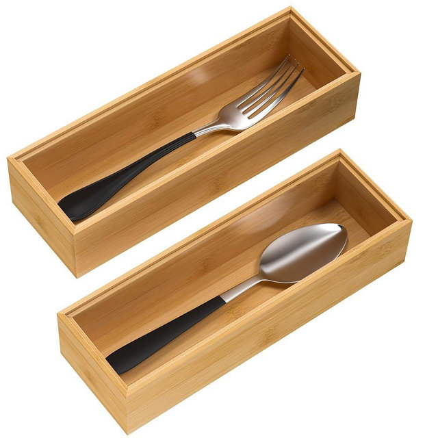 VeyFey Silverware Tray for Drawer, Stackable Kitchen Bamboo Drawer Organizer 9" x 3" x 2" Set of 2