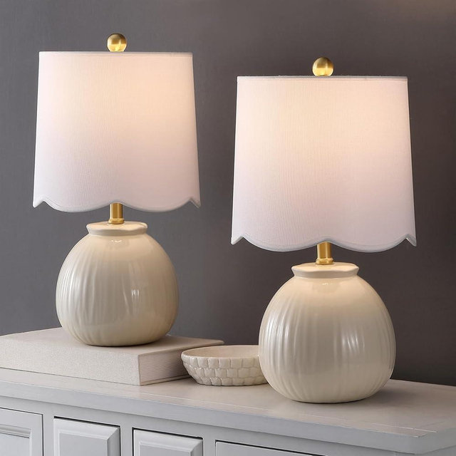 SAFAVIEH Lighting Collection - Devi White Ceramic Table Lamp Set of 2, 20" Decorative Accent Lights with Fabric Shades, E26 Bulb Compatible (TBL4631A-SET2)