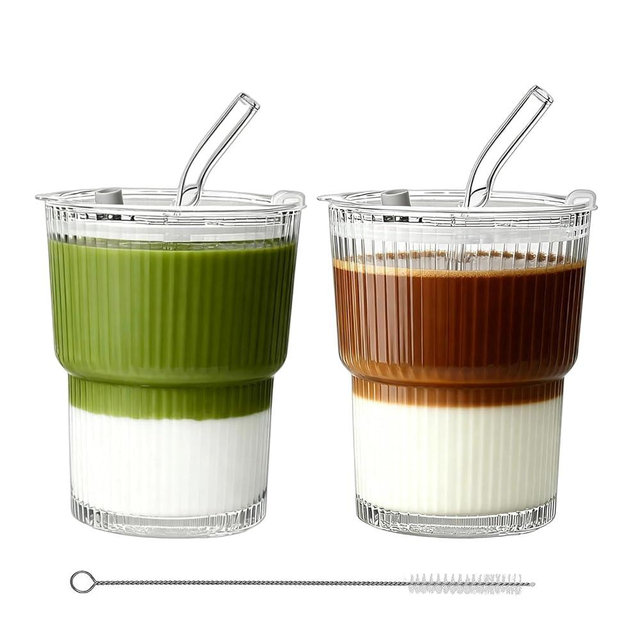 Glenkach Ribbed Glass Tumbler with Lid and Straws, Resuable Ice Coffee Cups, To Go Drinking Glasses for Water, Smoothie, Matcha, Iced Tea Fruit Juice, Hot and Cold Beverages, Clear, 13oz, Set of 2
