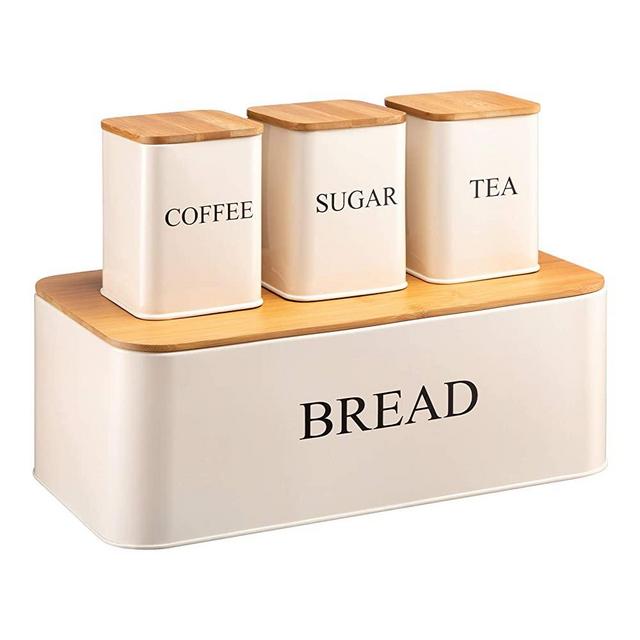 PARANTA Large-Capacity Bread Box and 3-Piece Canister Set,Iron Storage Container, Used For Kitchen Or Table Storage, Store Pastries, Coffee, Biscuits & More, White