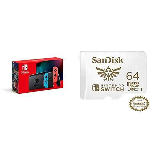 Nintendo Switch with Neon Blue and Neon Red Joy‑Con - HAC-001(-01) + SanDisk 64GB MicroSDXC UHS-I Card