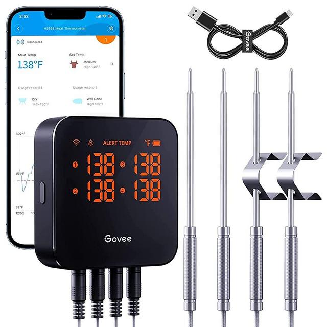 Govee WiFi Meat Thermometer, Smart Wireless Digital Bluetooth Meat Thermometer with 4 Probes, Remotely Monitor Temperatures, App Alert, for Grill, BBQ, Oven, Smoker (not Support 5G WiFi)