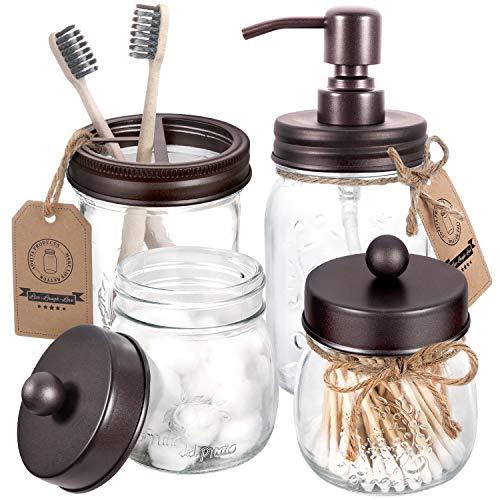 Mason Jar Bathroom Accessories Set 4 Pcs - Mason Jar Soap Dispenser & 2 Apothecary Jars & Toothbrush Holder - Rustic Farmhouse Decor Bathroom Countertop, Vanity Organize, Bronze