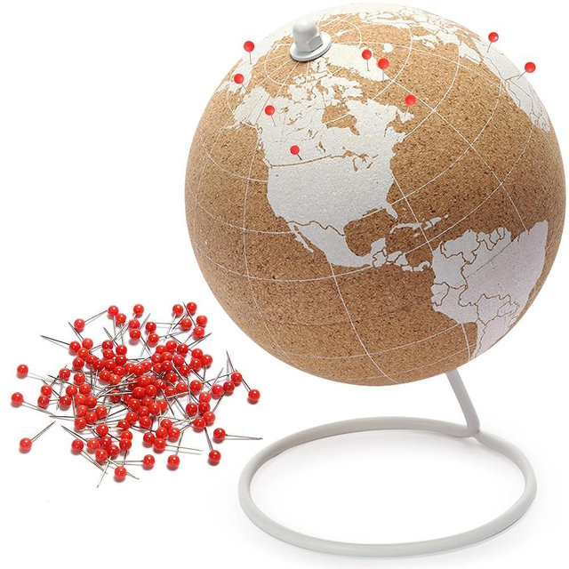 White Cork Globe With Map of the World - 6" Rotating Stand for Children or Adults, 50 Red Push Pins - World Globe for Home, Office, Classroom, Travel, Kids