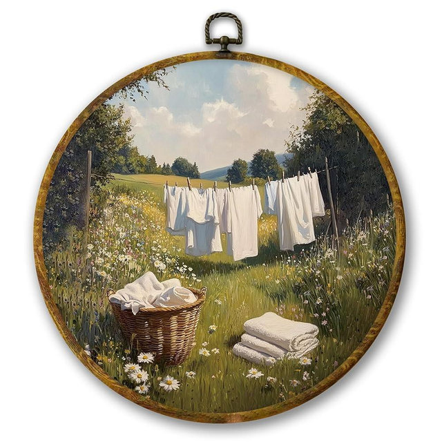 Mcehtle Vintage Farmhouse Country Wall Art Decor, Retro Cottagecore Laundry Day Framed Canvas Prints 10x10, Rustic Landscape Round Wall Hanging Artwork Decorations for Home Bedroom Living Room