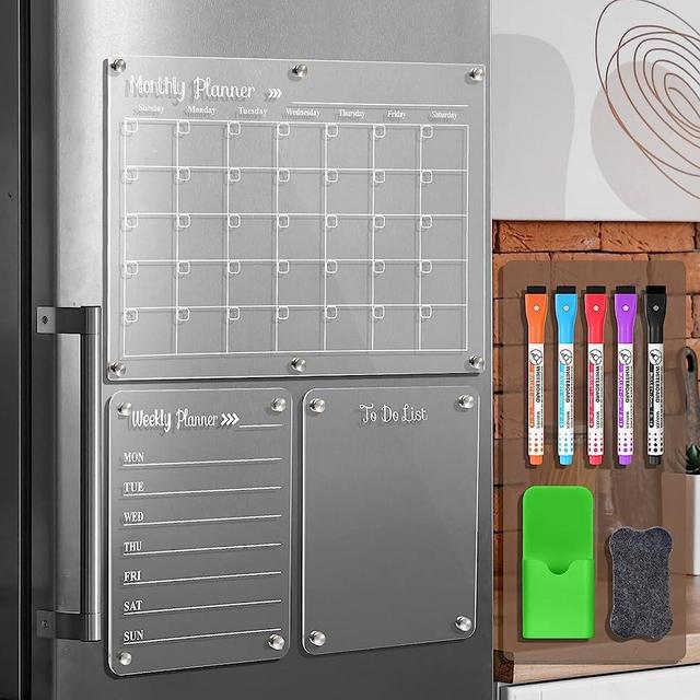 LCPCX Acrylic Magnetic Dry Erase Board for Fridge，Set of 3 Transparent Planning Boards for Monthly Calendar, Weekly Calendar, Calendar，Includes 5 Dry Erase Markers, 1 Eraser and Magnetic Pen Holder