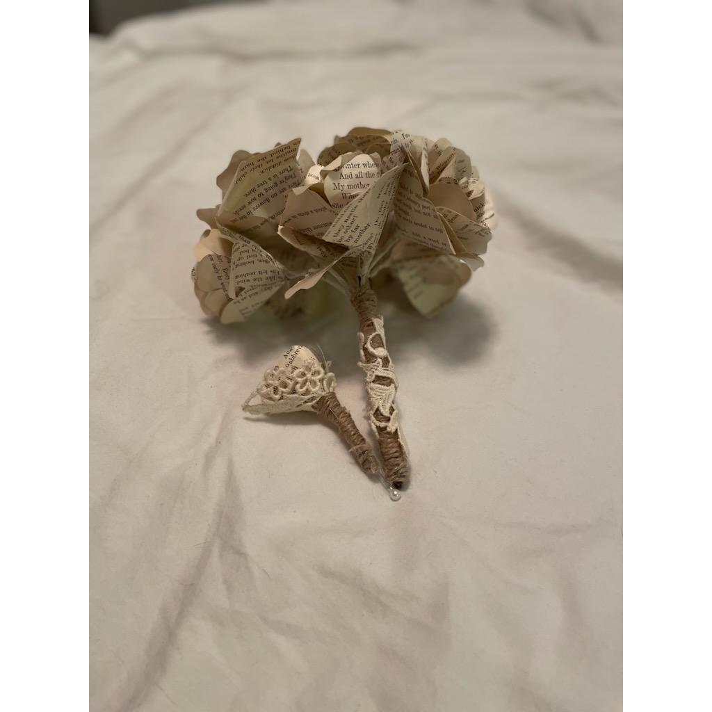 Anna Grey's bouquet and Andy's boutonniere with lace from Beverly's dress.