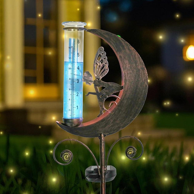 WONDER GARDEN Solar Rain Gauge Outdoor, Decorative Moon Fairy Rain Gauges Outdoors Best Rated, Freeze Proof Water Rain Measure Gauge for Yard Patio Lawn Garden Decor