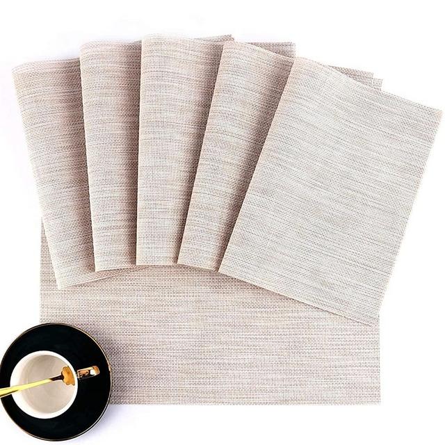 Chioratree Placemats, Set of 6 Heat-Resistant Placemats Stain Resistant Anti-Skid Dining Table Place Mats, Washable Woven Vinyl Table Placemat for Kitchen Table (6pcs placemats, Beige)