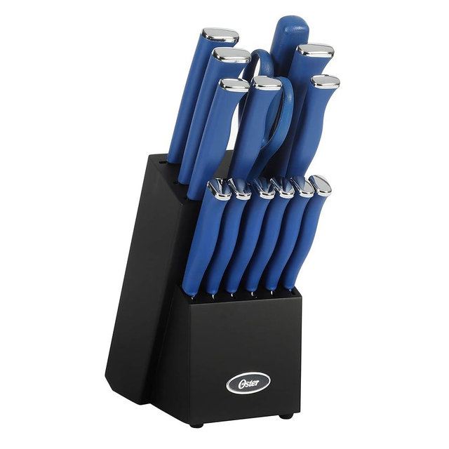 Oster Langmore 15 Piece Stainless Steel Cutlery Knife Block Set W/Black Box – Classic Blue Handles
