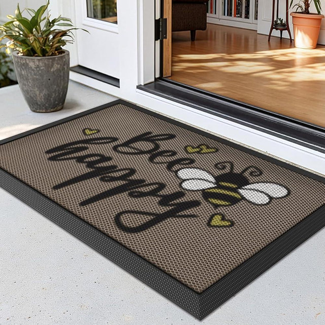 LUMI Outside Welcome Door Mat 17x30, Non Slip Durable Rubber Entrance Doormat, Low Profile Easy Clean Mats for Front Back Door Entryway Porch Garage, Bee Happy